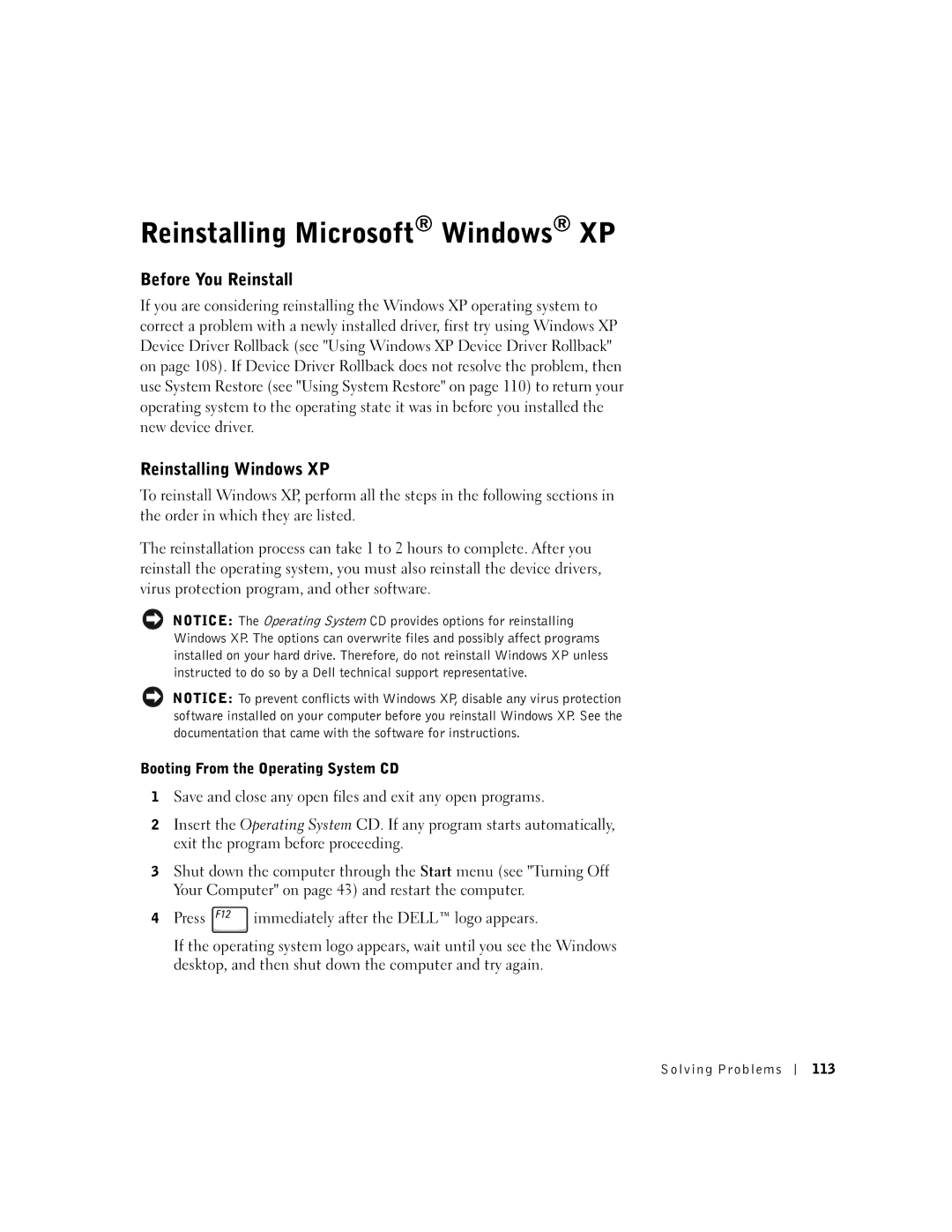 Dell 600m owner manual Reinstalling Microsoft Windows XP, Before You Reinstall, Reinstalling Windows XP 