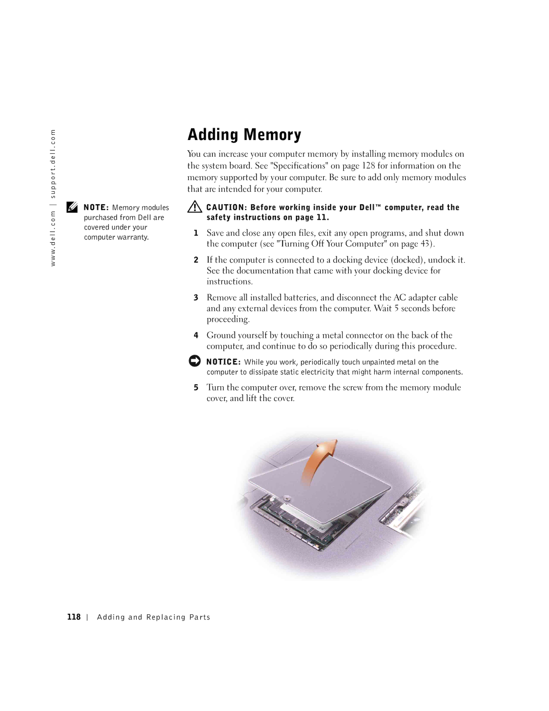 Dell 600m owner manual Adding Memory, Adding and Replacing Parts 