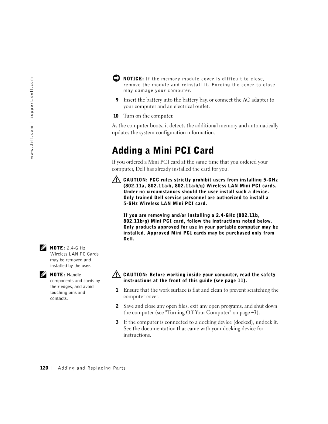 Dell 600m owner manual Adding a Mini PCI Card, Adding and Replacing Parts 