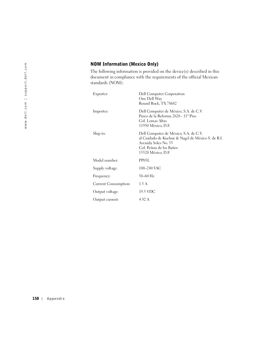 Dell 600m owner manual NOM Information Mexico Only, Appendix 