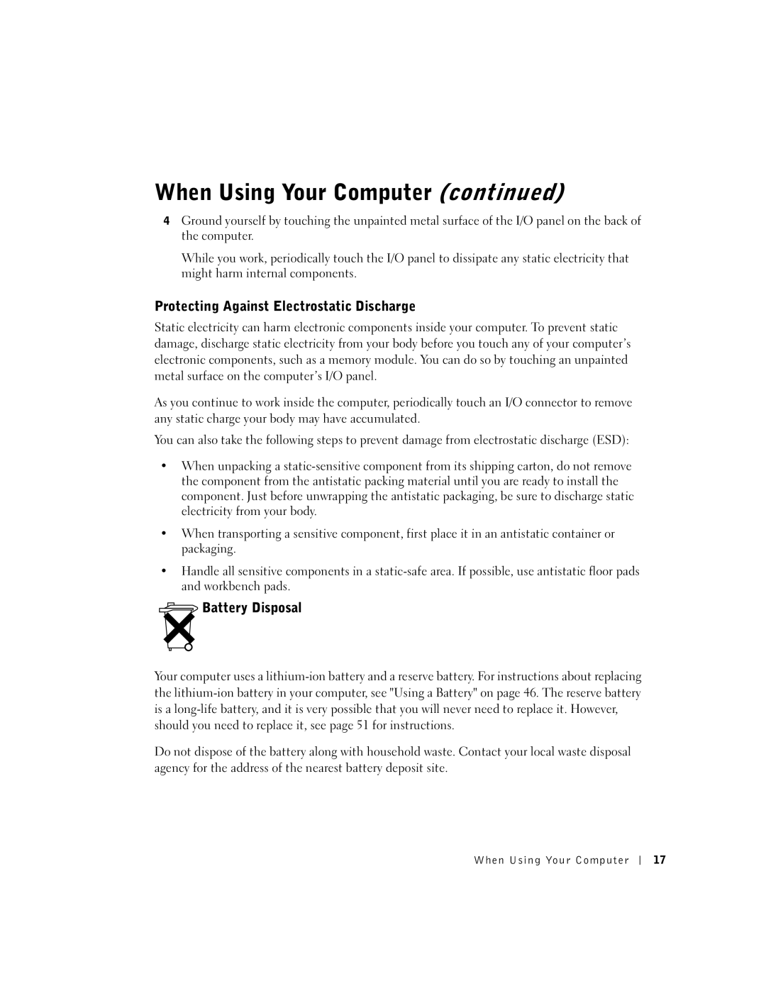 Dell 600m owner manual Protecting Against Electrostatic Discharge, Battery Disposal 