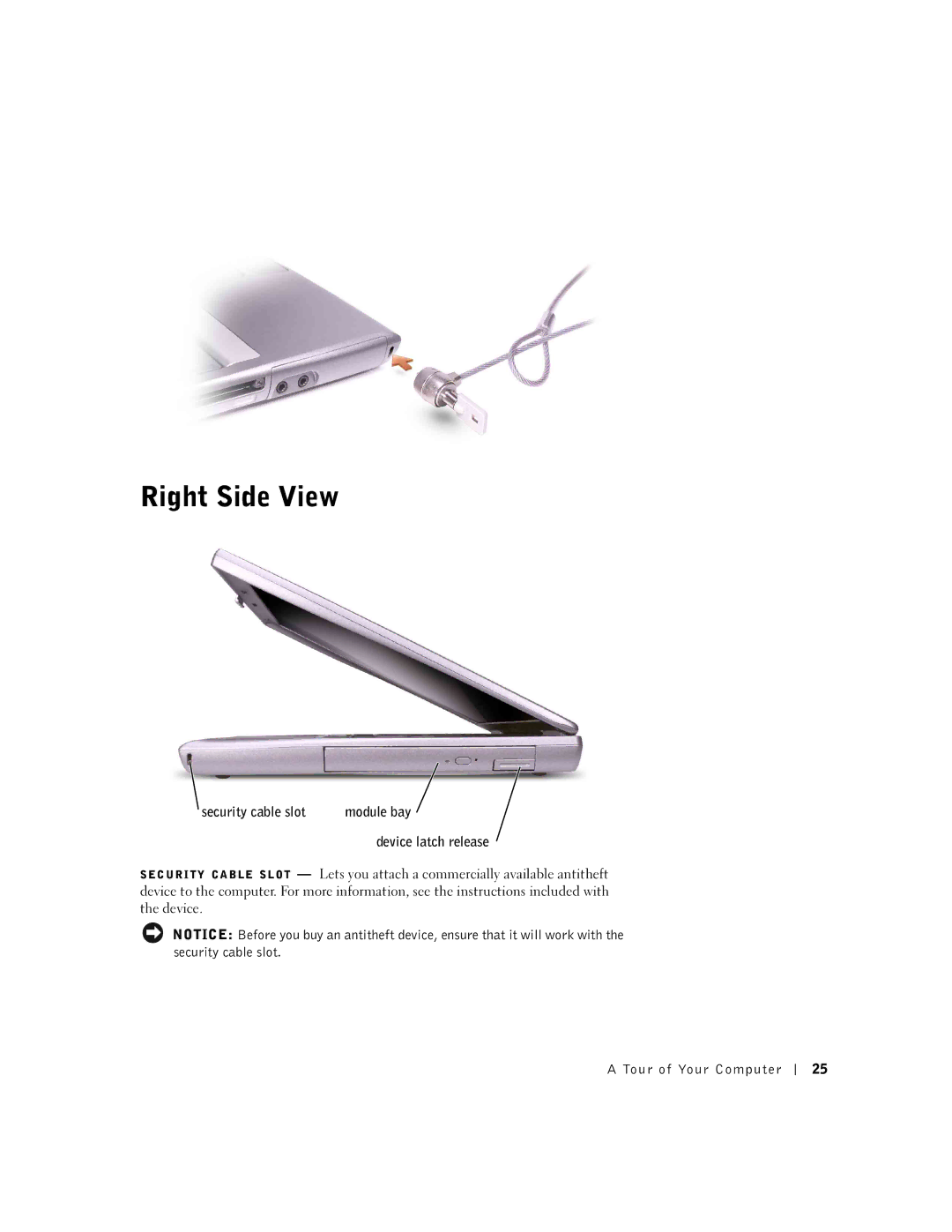 Dell 600m owner manual Right Side View, Device latch release 