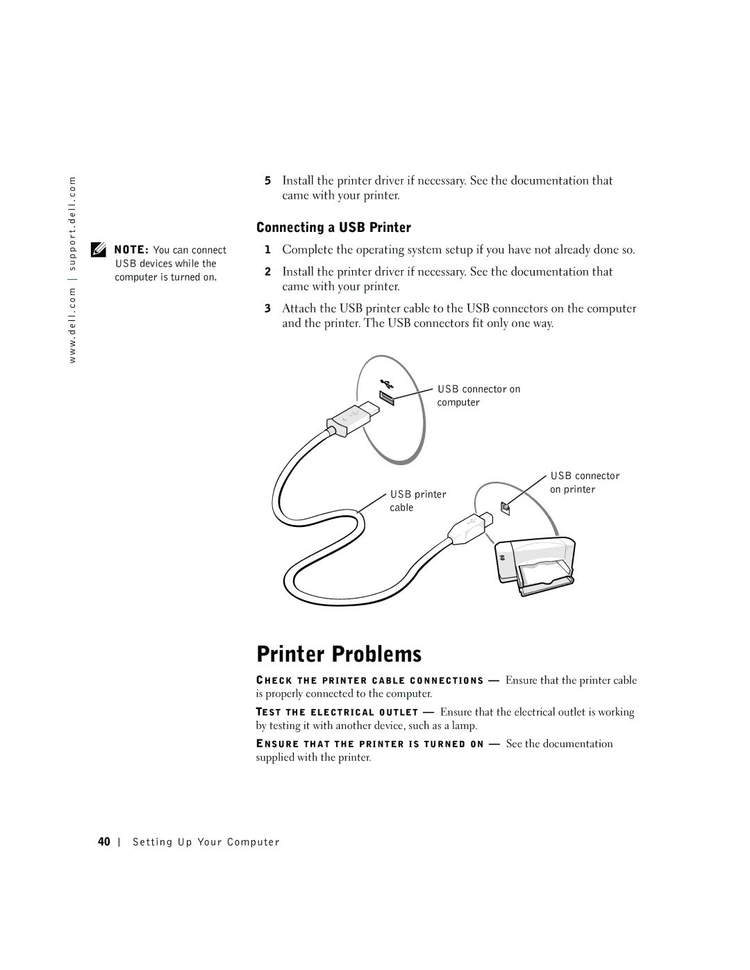 Dell 600m owner manual Printer Problems, Connecting a USB Printer, USB connector on computer, USB printer On printer Cable 