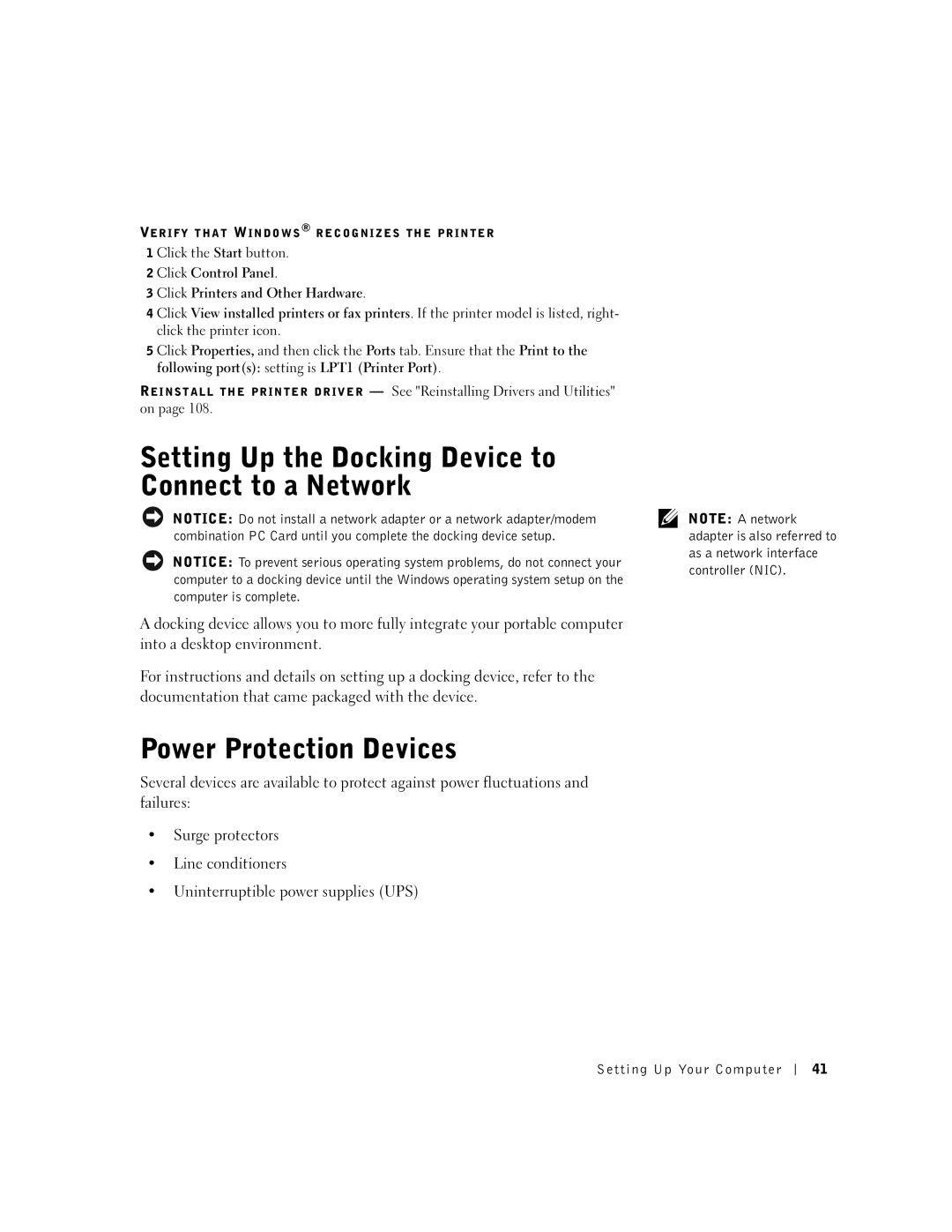 Dell 600m owner manual Setting Up the Docking Device to Connect to a Network, Power Protection Devices 