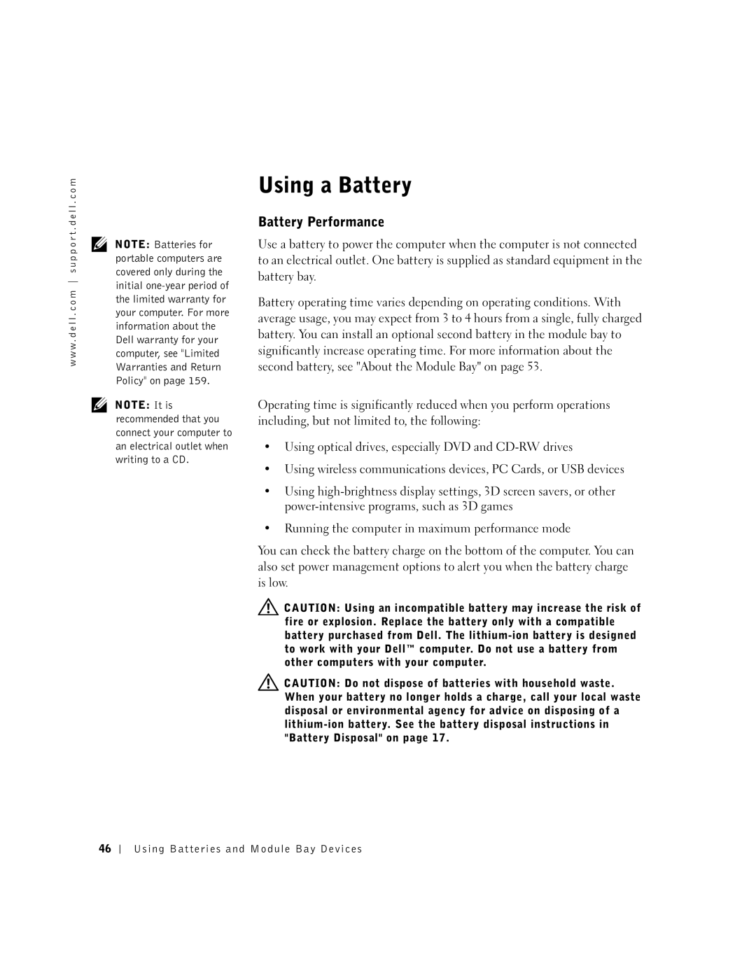 Dell 600m owner manual Using a Battery, Battery Performance 