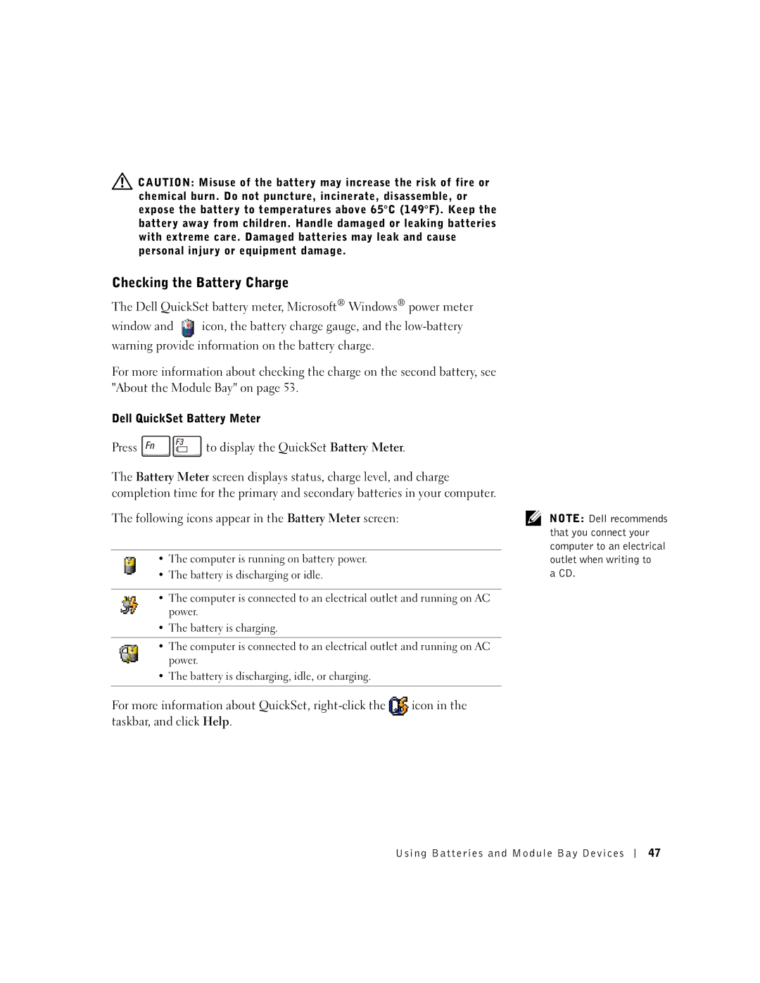 Dell 600m owner manual Checking the Battery Charge, Following icons appear in the Battery Meter screen 