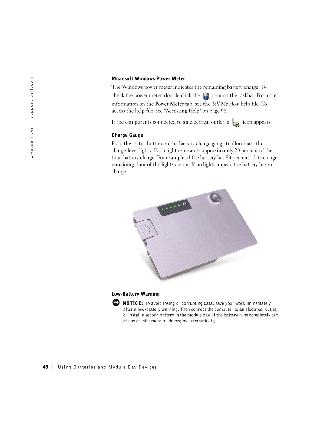 Dell 600m owner manual Using Batteries and Module Bay Devices 