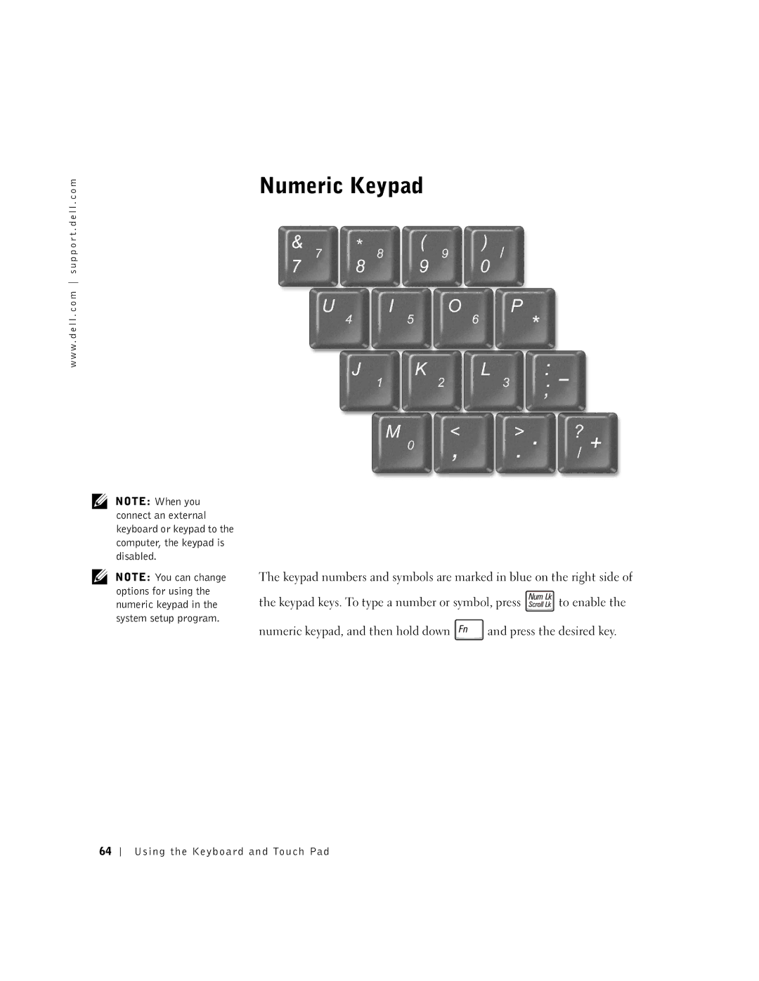 Dell 600m owner manual Numeric Keypad, Using the Keyboard and Touch Pad 