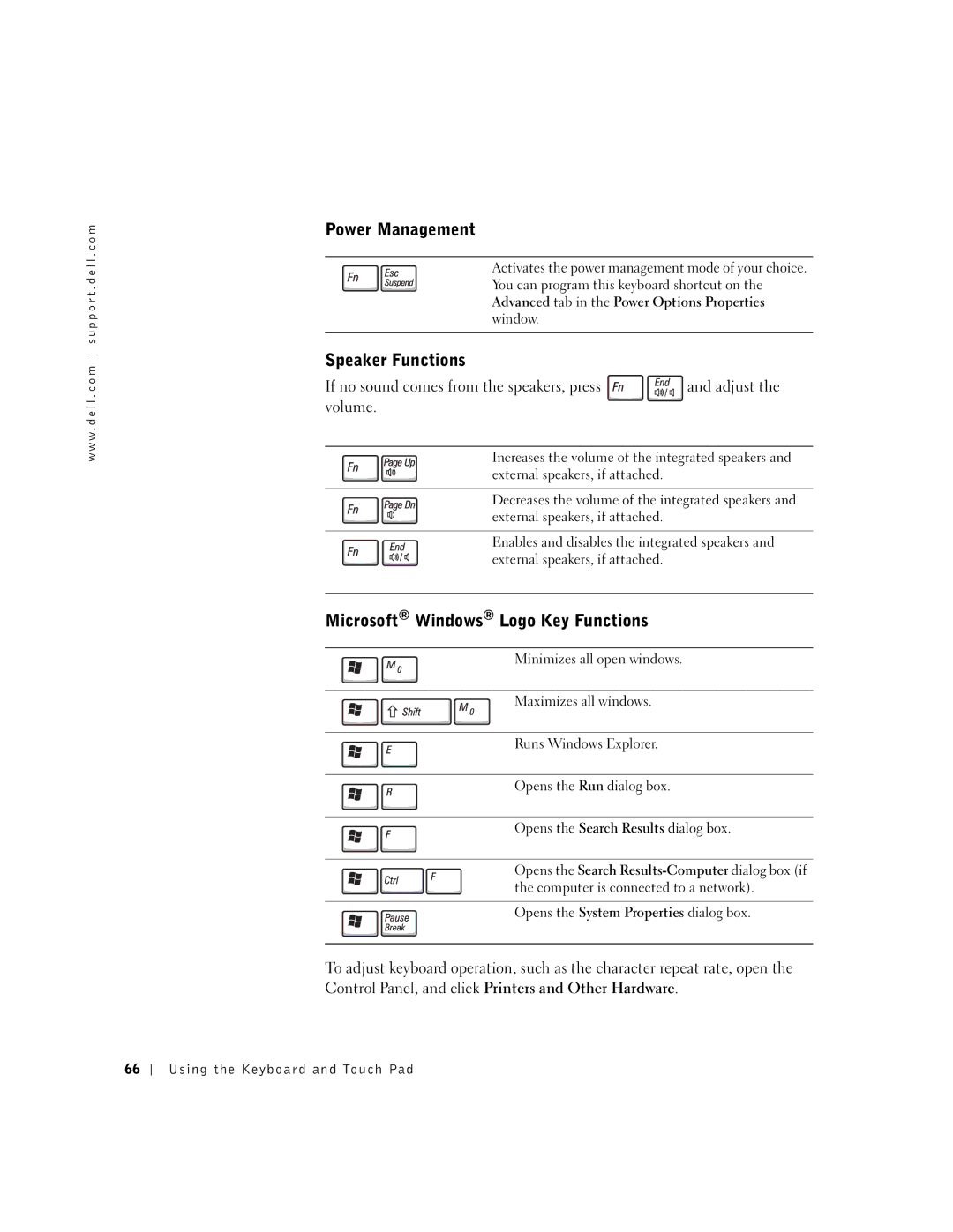 Dell 600m owner manual Power Management, Speaker Functions, Microsoft Windows Logo Key Functions 