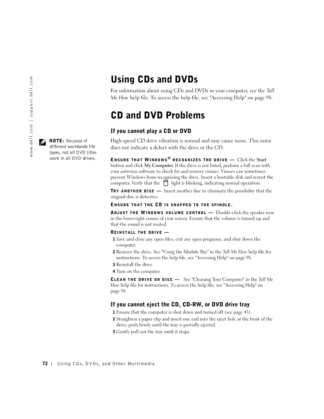 Dell 600m Using CDs and DVDs, CD and DVD Problems, If you cannot play a CD or DVD, Using CDs, DVDs, and Other Multimedia 