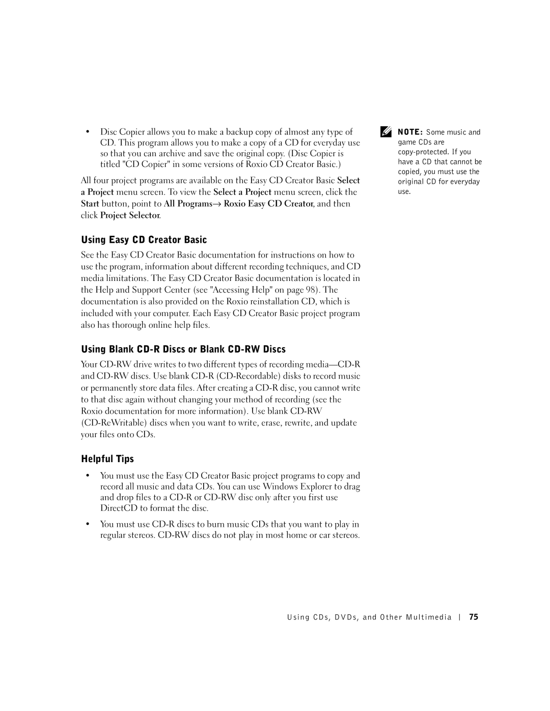 Dell 600m owner manual Using Easy CD Creator Basic, Using Blank CD-R Discs or Blank CD-RW Discs, Helpful Tips 