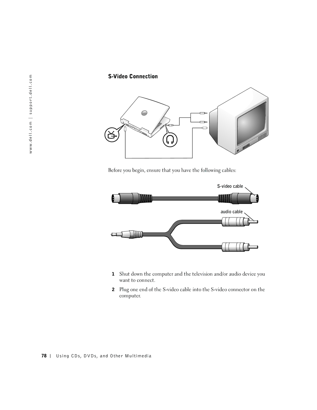 Dell 600m owner manual Video Connection, Video cable Audio cable 