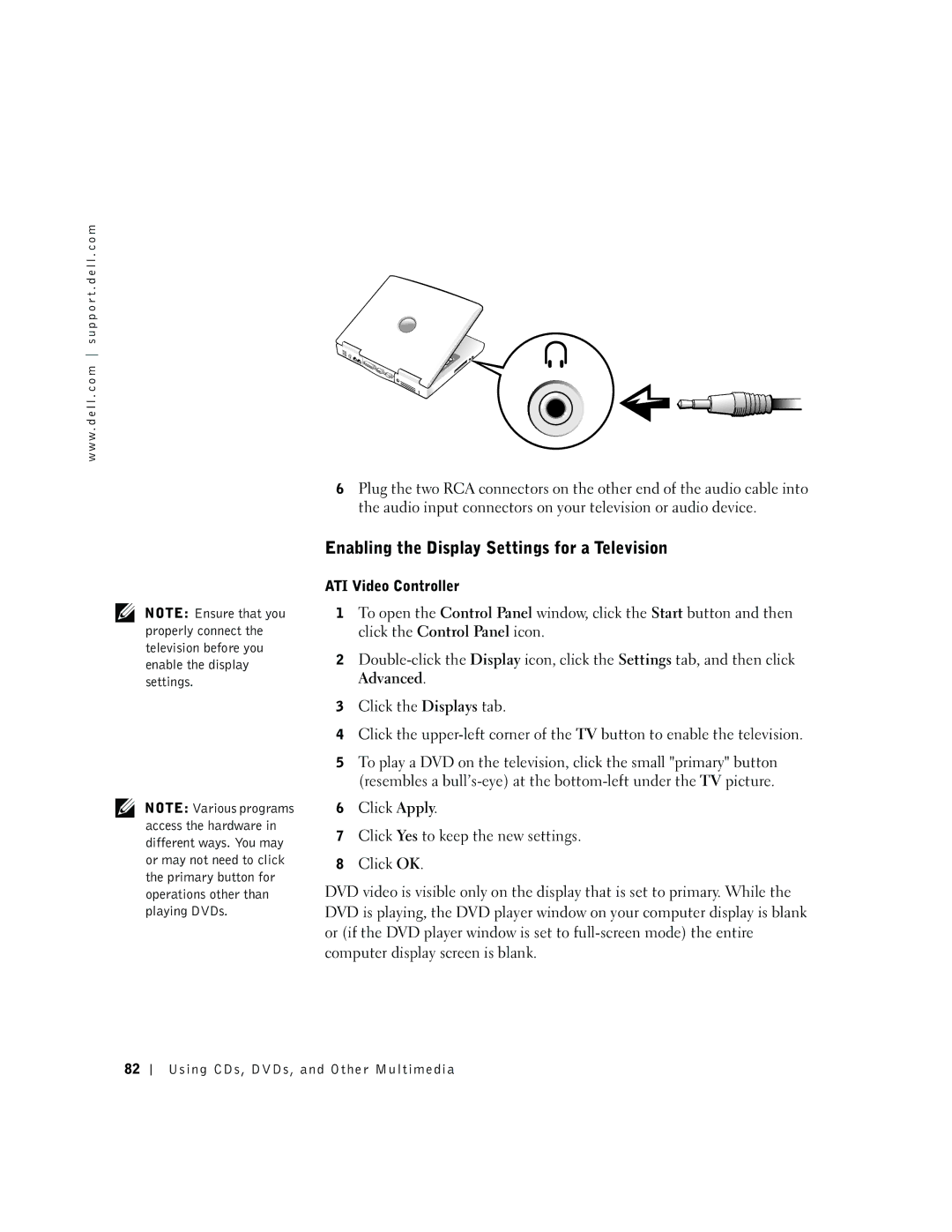 Dell 600m owner manual Enabling the Display Settings for a Television 