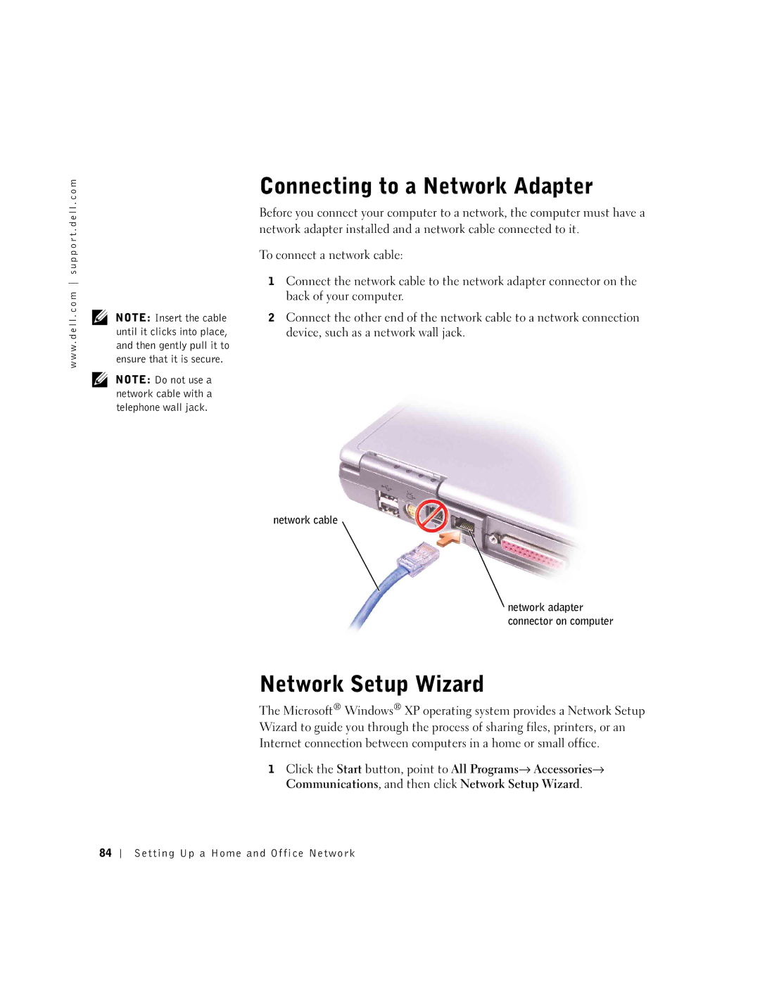 Dell 600m Connecting to a Network Adapter, Network Setup Wizard, Network cable, Setting Up a Home and Office Network 