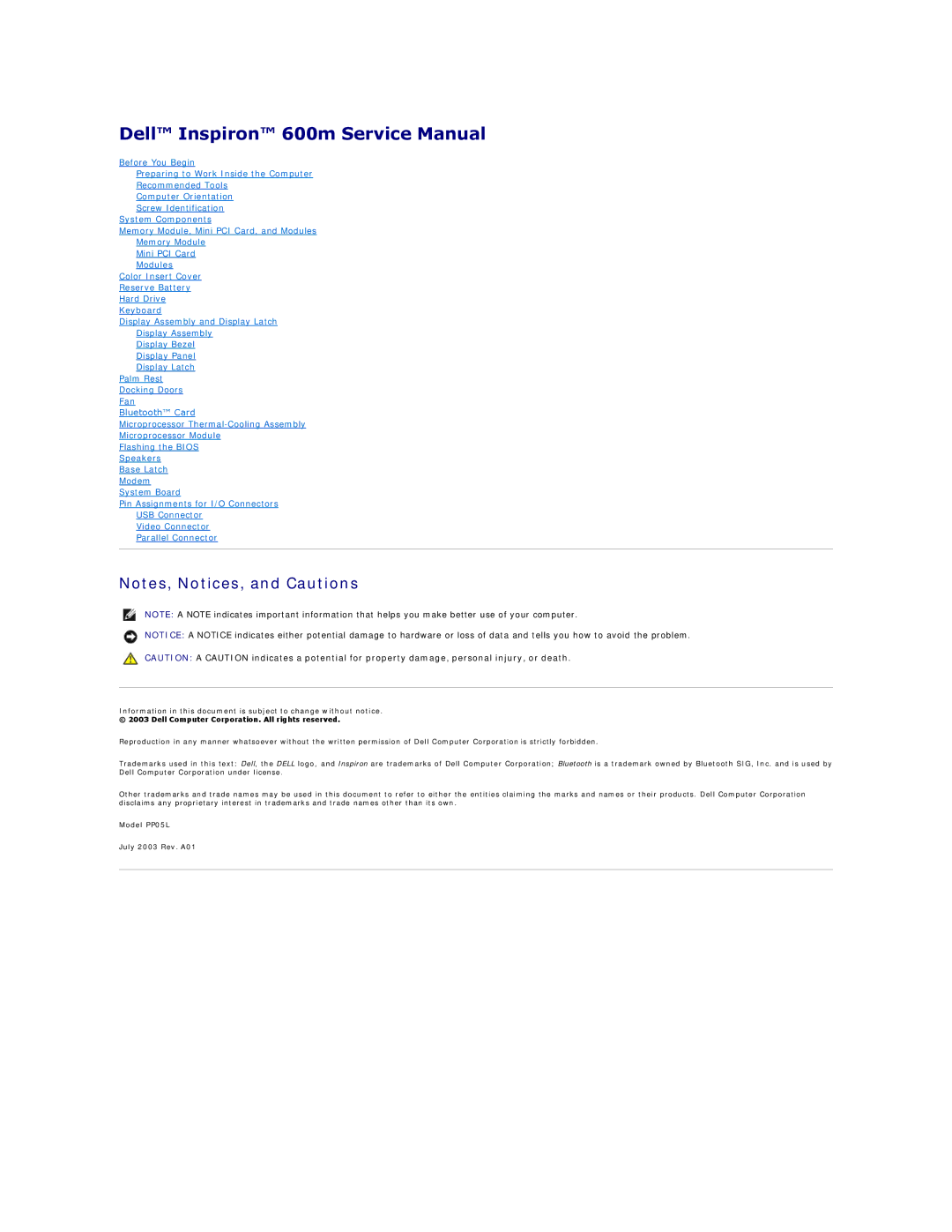 Dell 600m manual July 2003 Rev. A01 