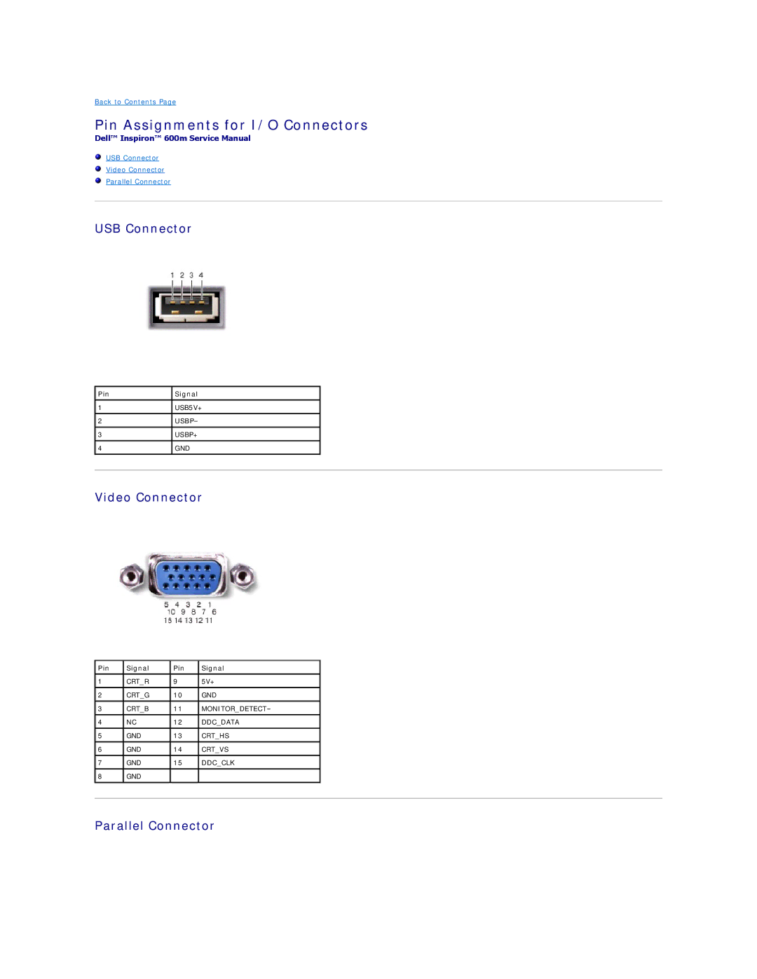 Dell 600m manual Pin Assignments for I/O Connectors, USB Connector, Video Connector, Parallel Connector 