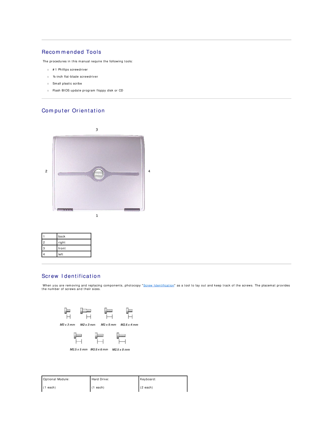 Dell 600m manual Recommended Tools, Computer Orientation, Screw Identification 