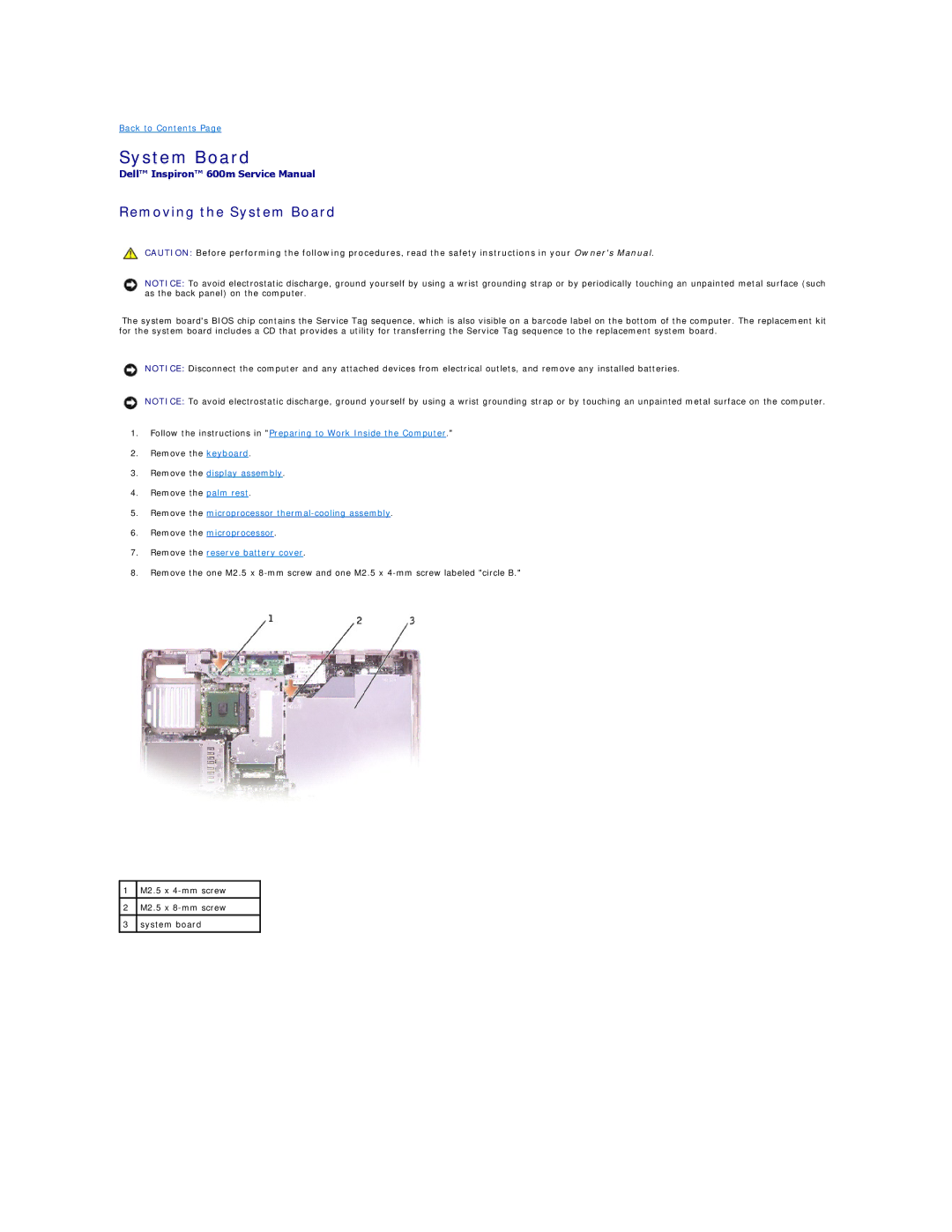 Dell 600m manual Removing the System Board 