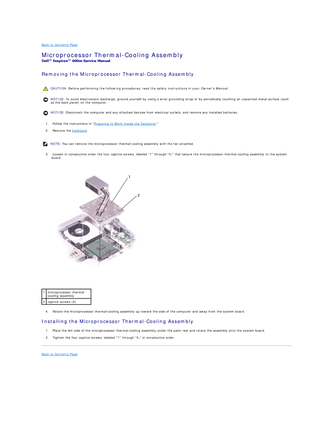 Dell 600m Removing the Microprocessor Thermal-Cooling Assembly, Installing the Microprocessor Thermal-Cooling Assembly 