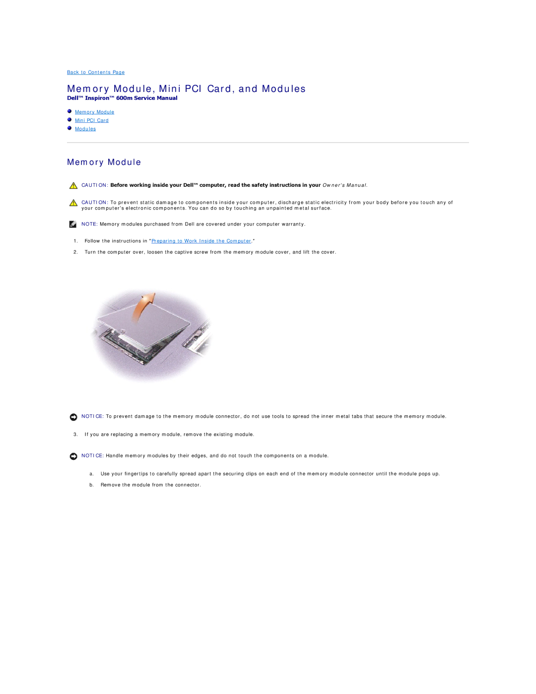 Dell 600m manual Memory Module, Mini PCI Card, and Modules 