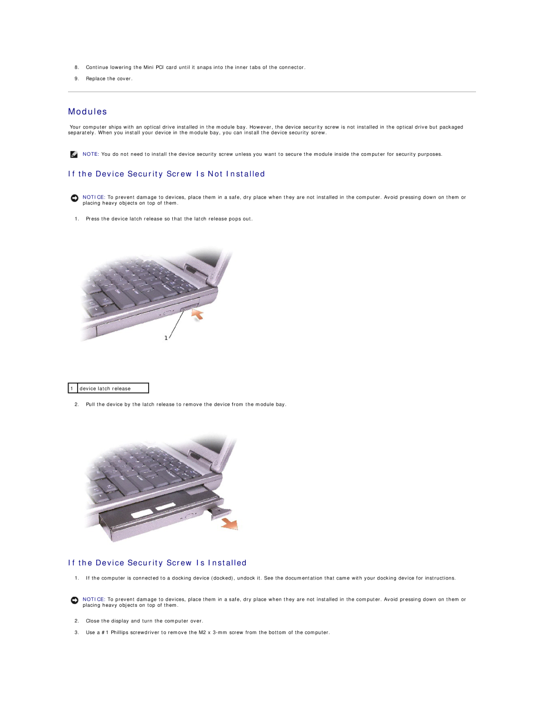 Dell 600m manual Modules, If the Device Security Screw Is Not Installed, If the Device Security Screw Is Installed 