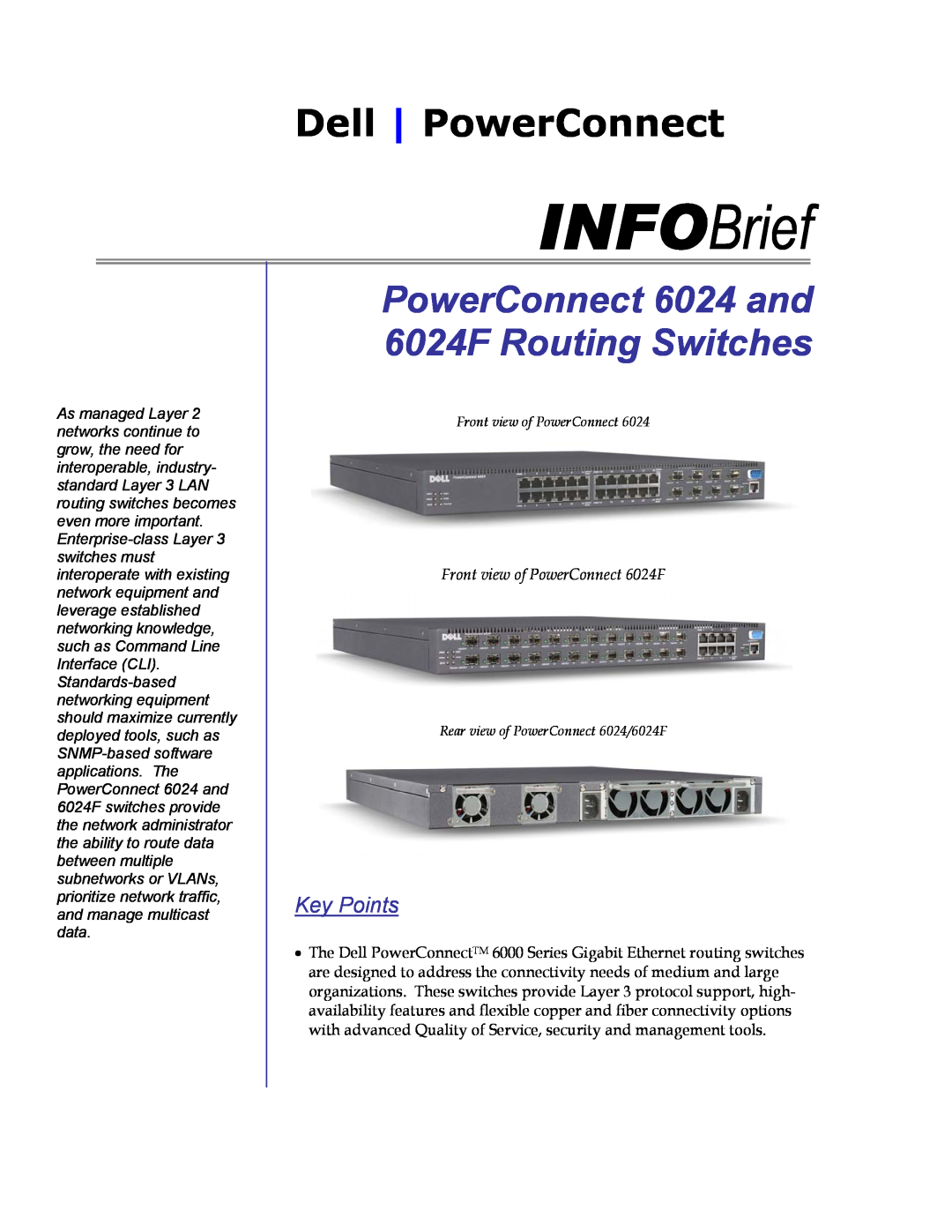 Dell manual Key Points, INFOBrief, Dell PowerConnect, PowerConnect 6024 and 6024F Routing Switches 