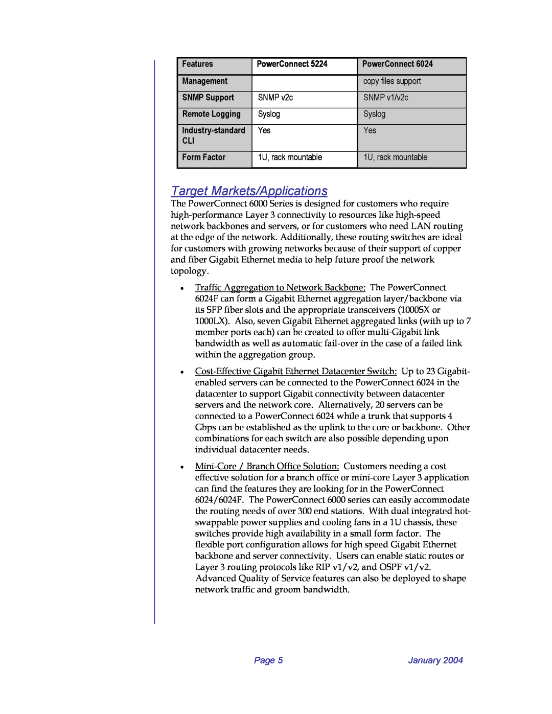 Dell 6024F manual Target Markets/Applications, Page, January 