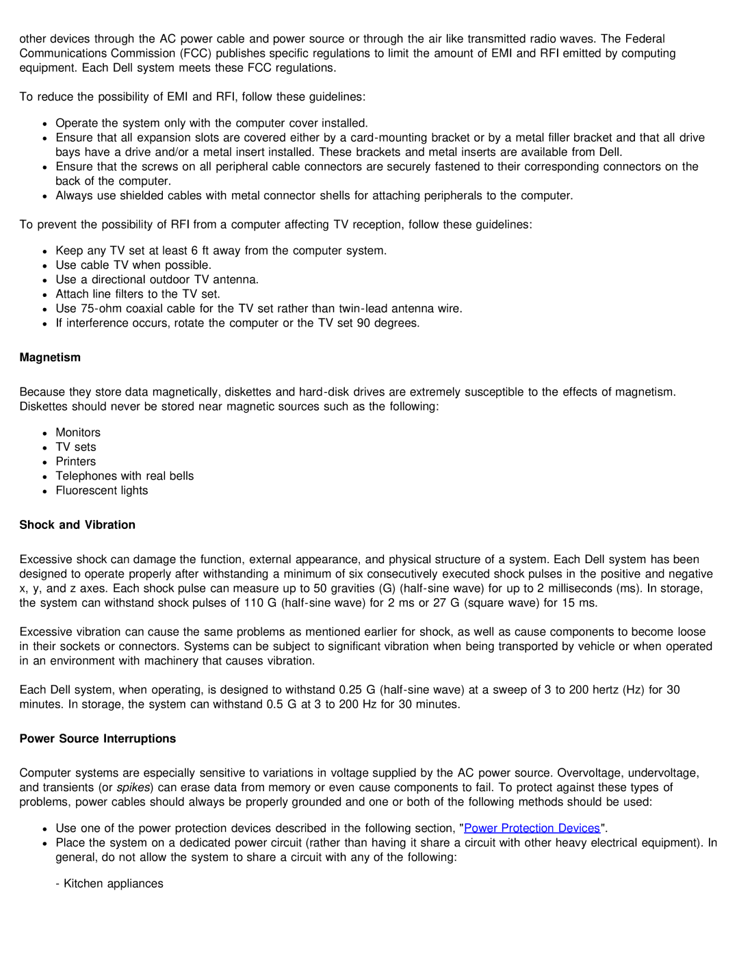 Dell 610 technical specifications Magnetism, Shock and Vibration, Power Source Interruptions 