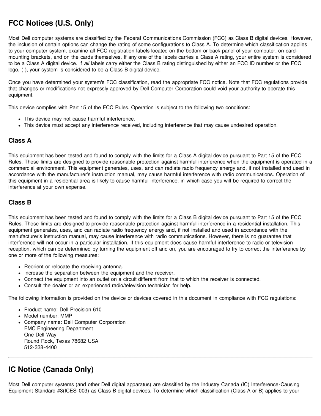 Dell 610 technical specifications FCC Notices U.S. Only, IC Notice Canada Only, Class a Class B 