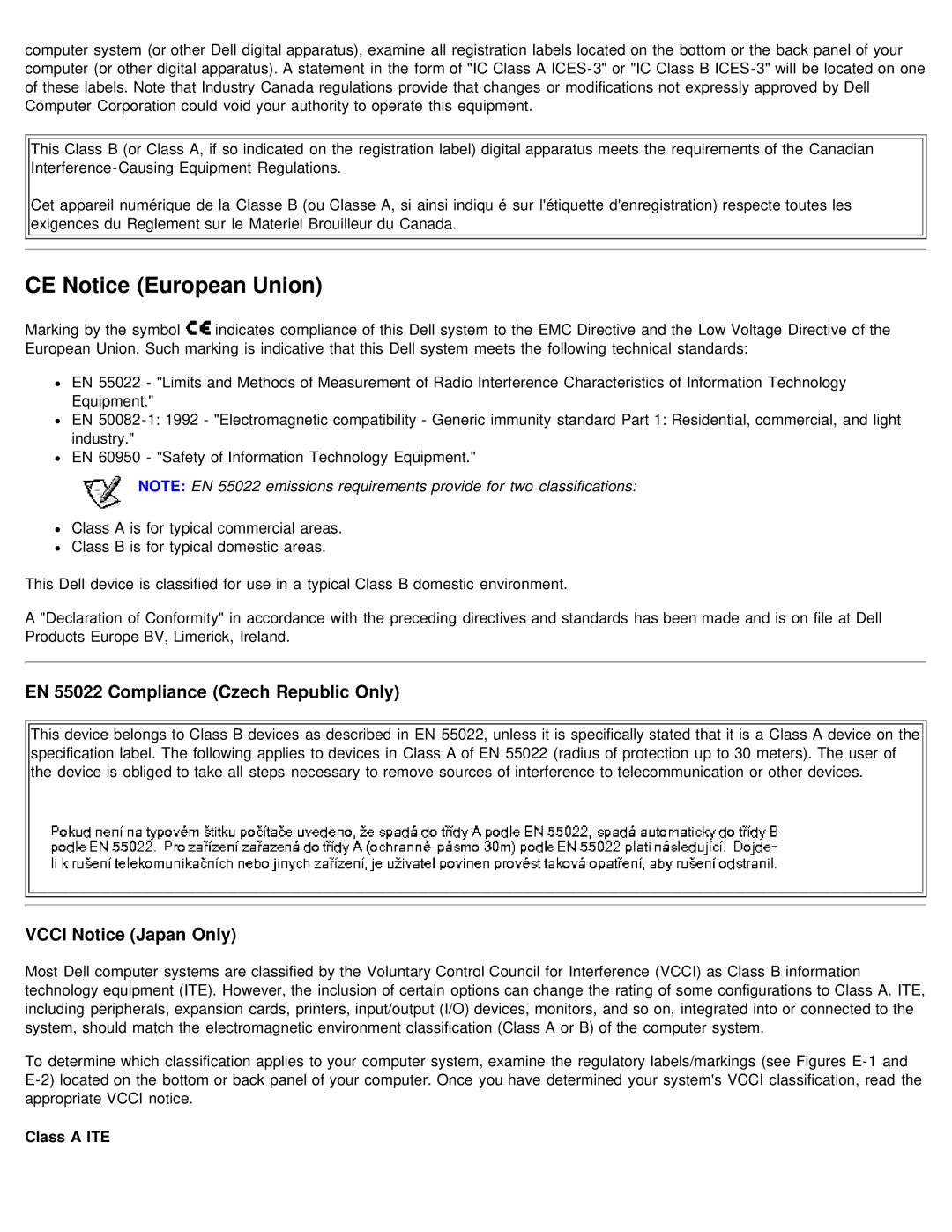 Dell 610 CE Notice European Union, EN 55022 Compliance Czech Republic Only, Vcci Notice Japan Only, Class a ITE 