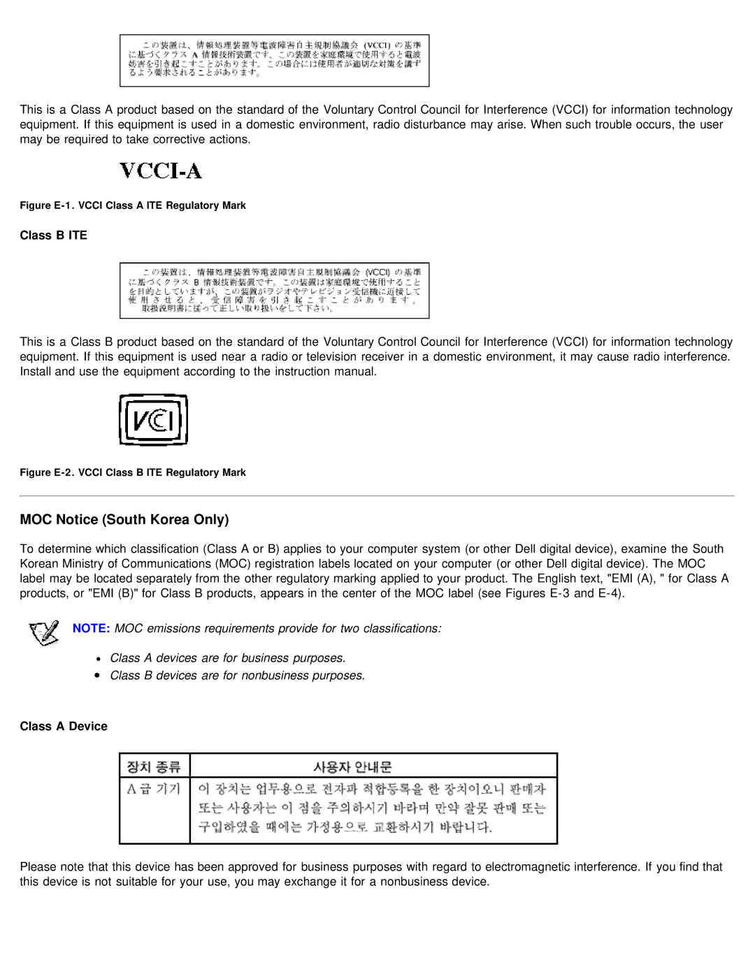 Dell 610 technical specifications MOC Notice South Korea Only, Class B ITE, Class a Device 