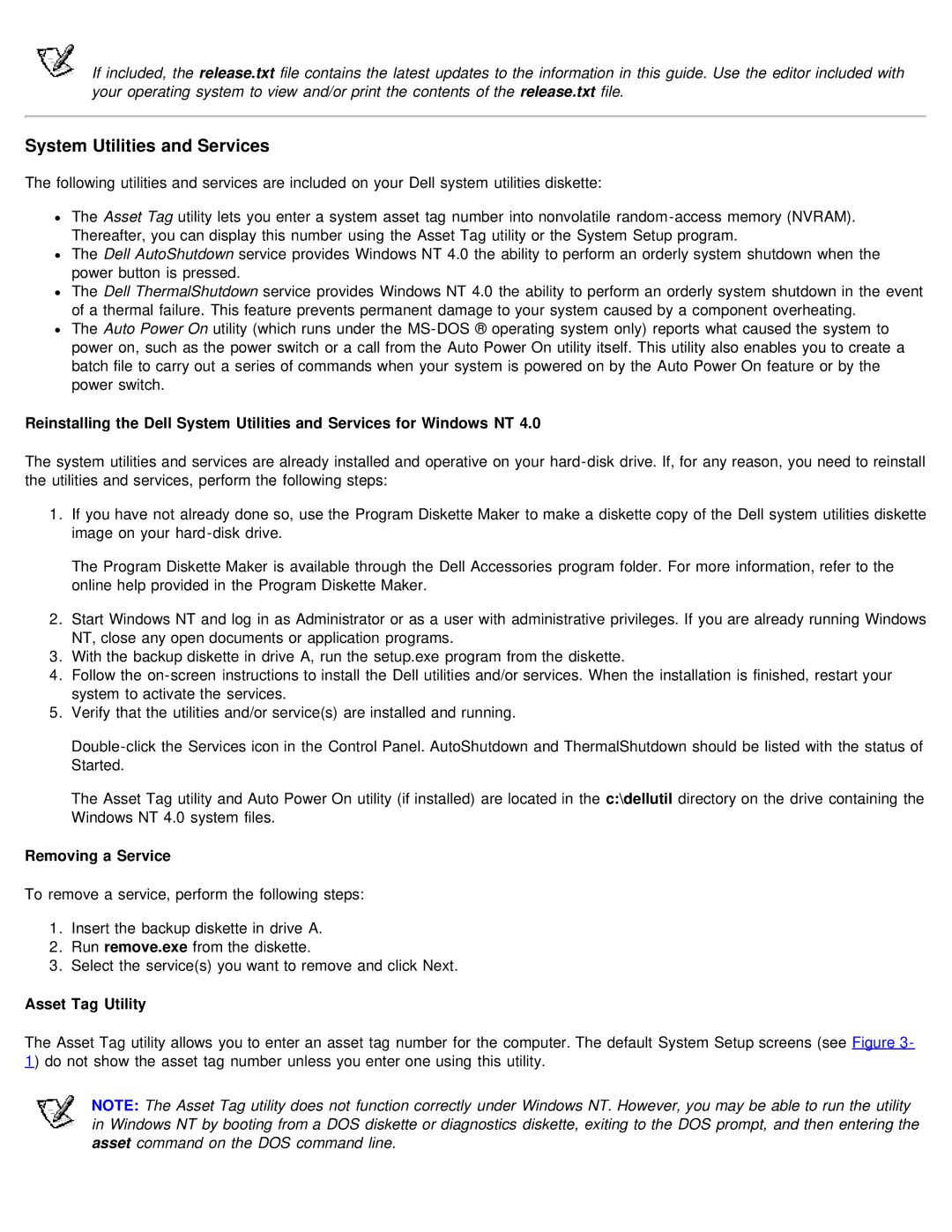 Dell 610 technical specifications System Utilities and Services, Removing a Service, Asset Tag Utility 