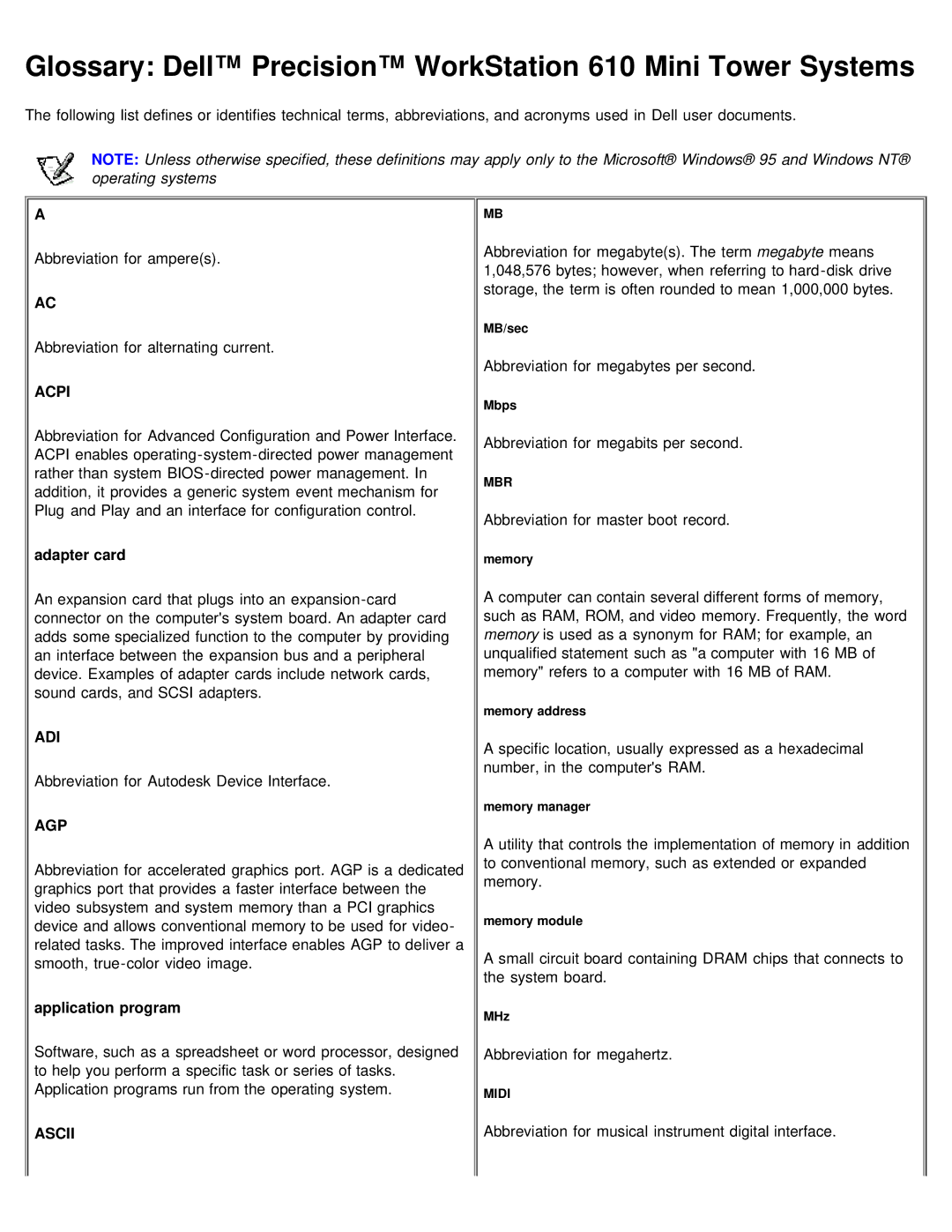 Dell 610 technical specifications Acpi, Adi, Agp, Ascii 