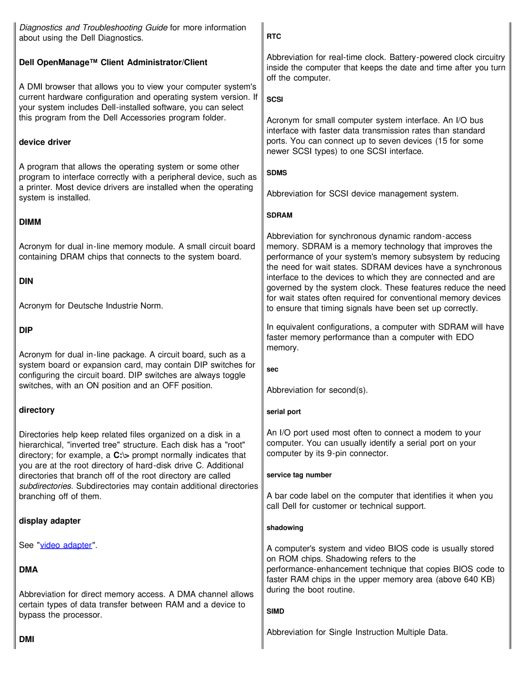 Dell 610 technical specifications Dimm, Din, Dip, Dma, Dmi 