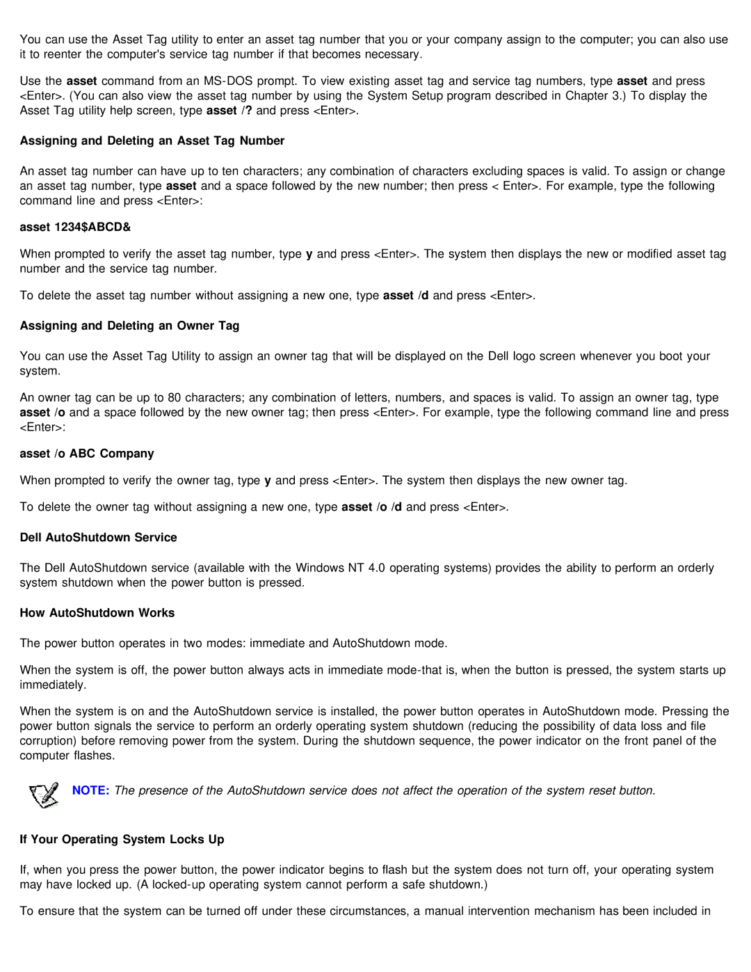 Dell 610 Assigning and Deleting an Asset Tag Number, Asset 1234$ABCD, Assigning and Deleting an Owner Tag 