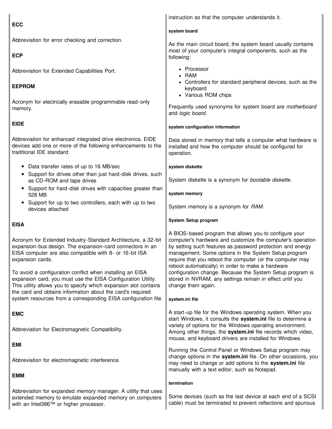 Dell 610 technical specifications Ecc, Ecp, Eeprom, Eide, Eisa, Emc, Emi, Emm 