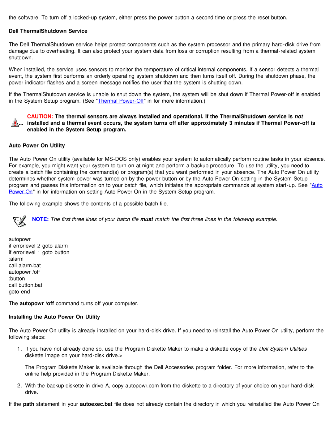 Dell 610 technical specifications Dell ThermalShutdown Service, Installing the Auto Power On Utility 