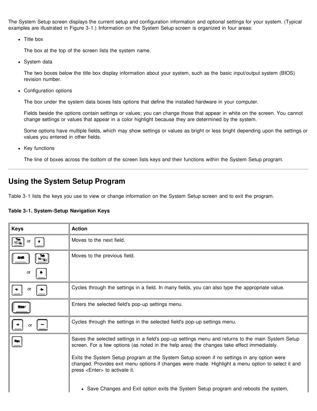 Dell 610 technical specifications Using the System Setup Program, System-Setup Navigation Keys Keys Action 