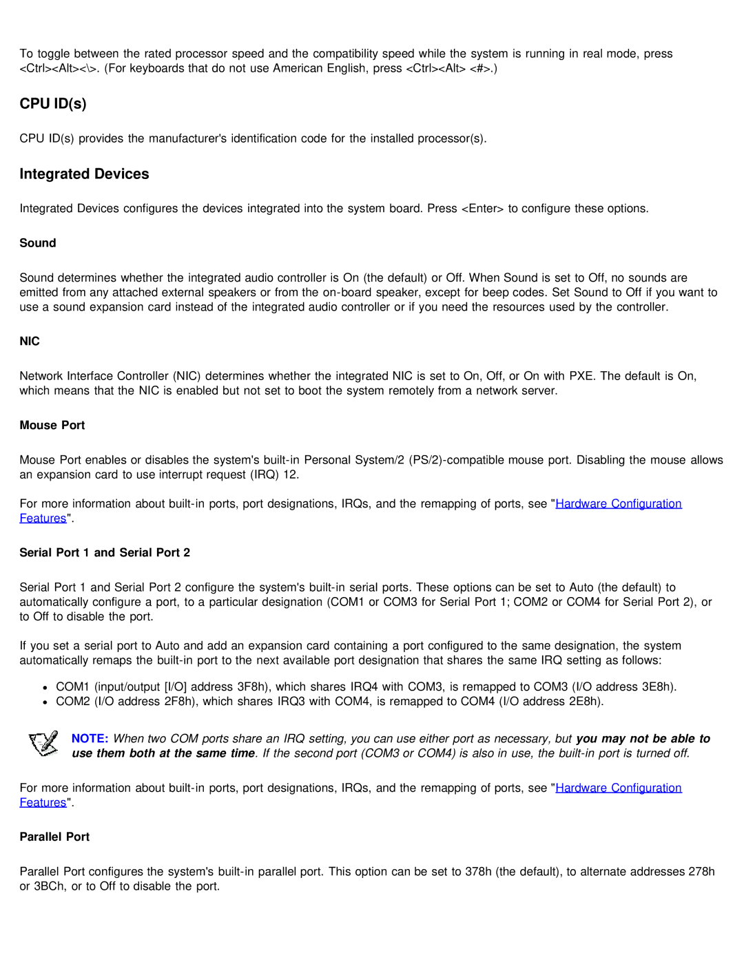 Dell 610 technical specifications CPU IDs, Integrated Devices, Nic 