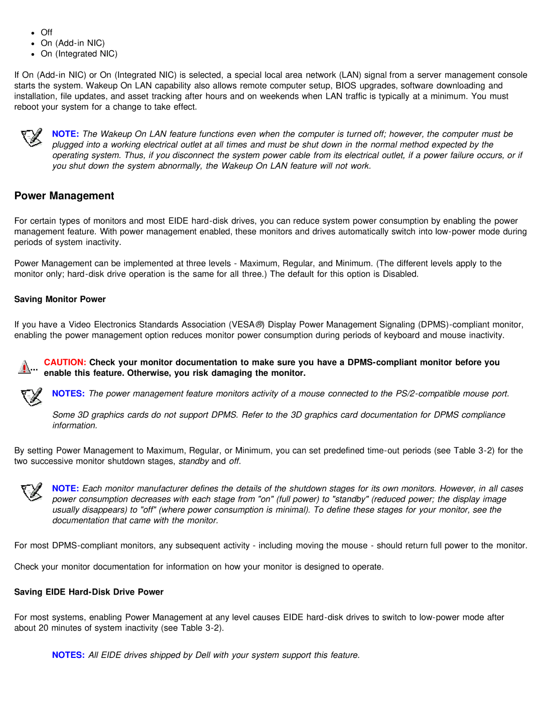 Dell 610 technical specifications Power Management, Saving Monitor Power, Saving Eide Hard-Disk Drive Power 