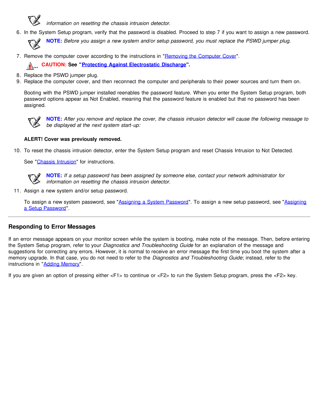 Dell 610 technical specifications Responding to Error Messages, Information on resetting the chassis intrusion detector 