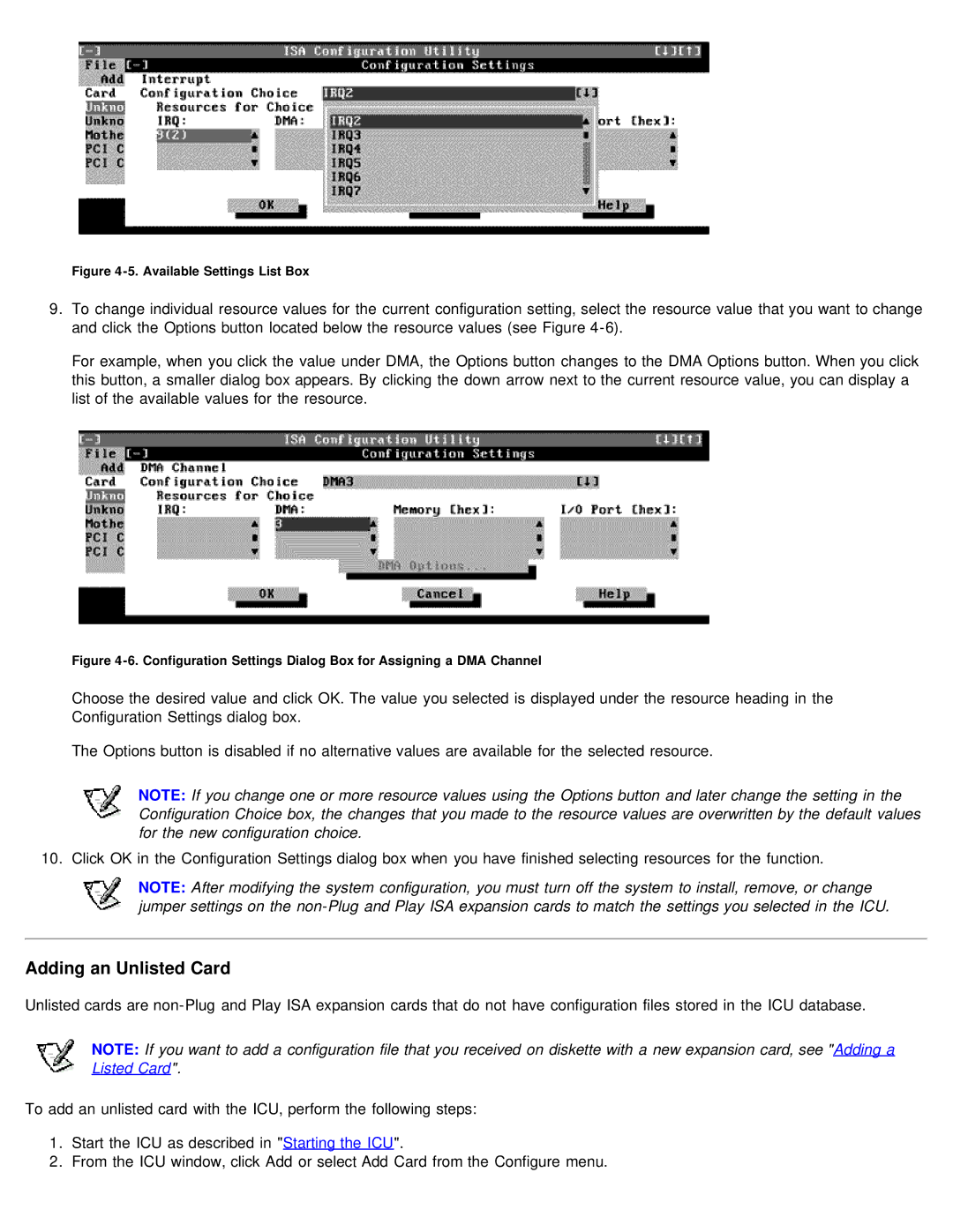 Dell 610 technical specifications Adding an Unlisted Card, Available Settings List Box 