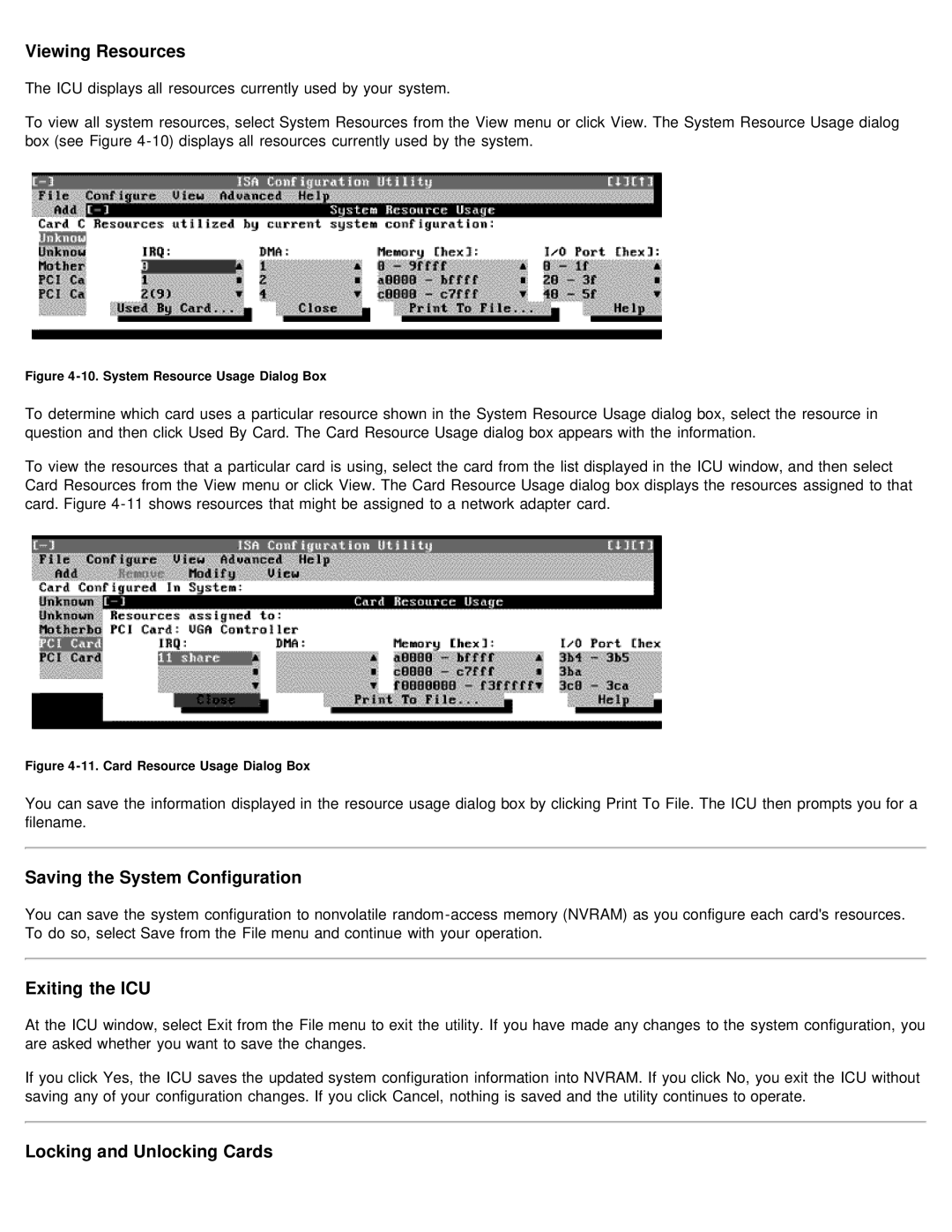 Dell 610 Viewing Resources, Saving the System Configuration, Exiting the ICU, Locking and Unlocking Cards 