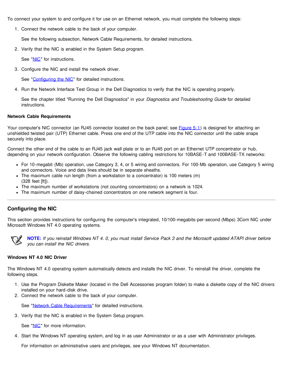 Dell 610 technical specifications Configuring the NIC, Network Cable Requirements, Windows NT 4.0 NIC Driver 