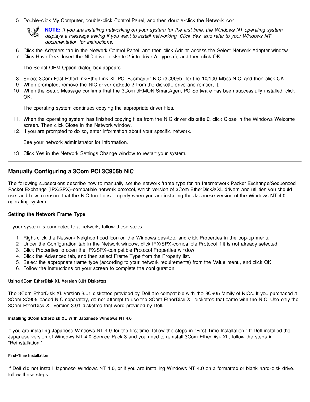 Dell 610 technical specifications Manually Configuring a 3Com PCI 3C905b NIC, Setting the Network Frame Type 