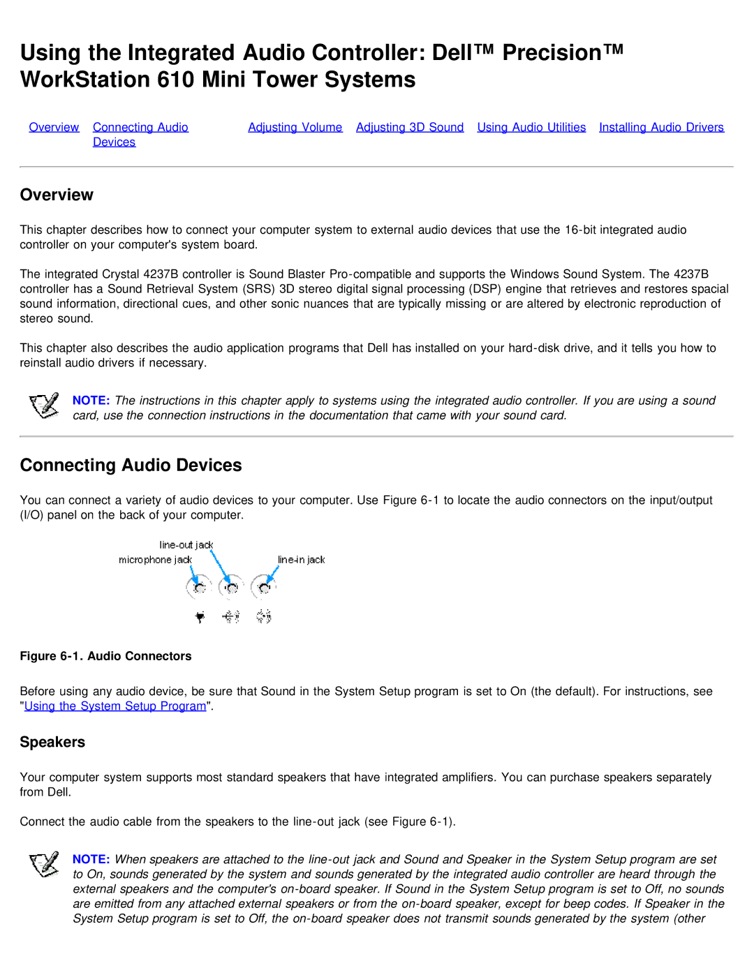 Dell 610 technical specifications Connecting Audio Devices, Speakers 