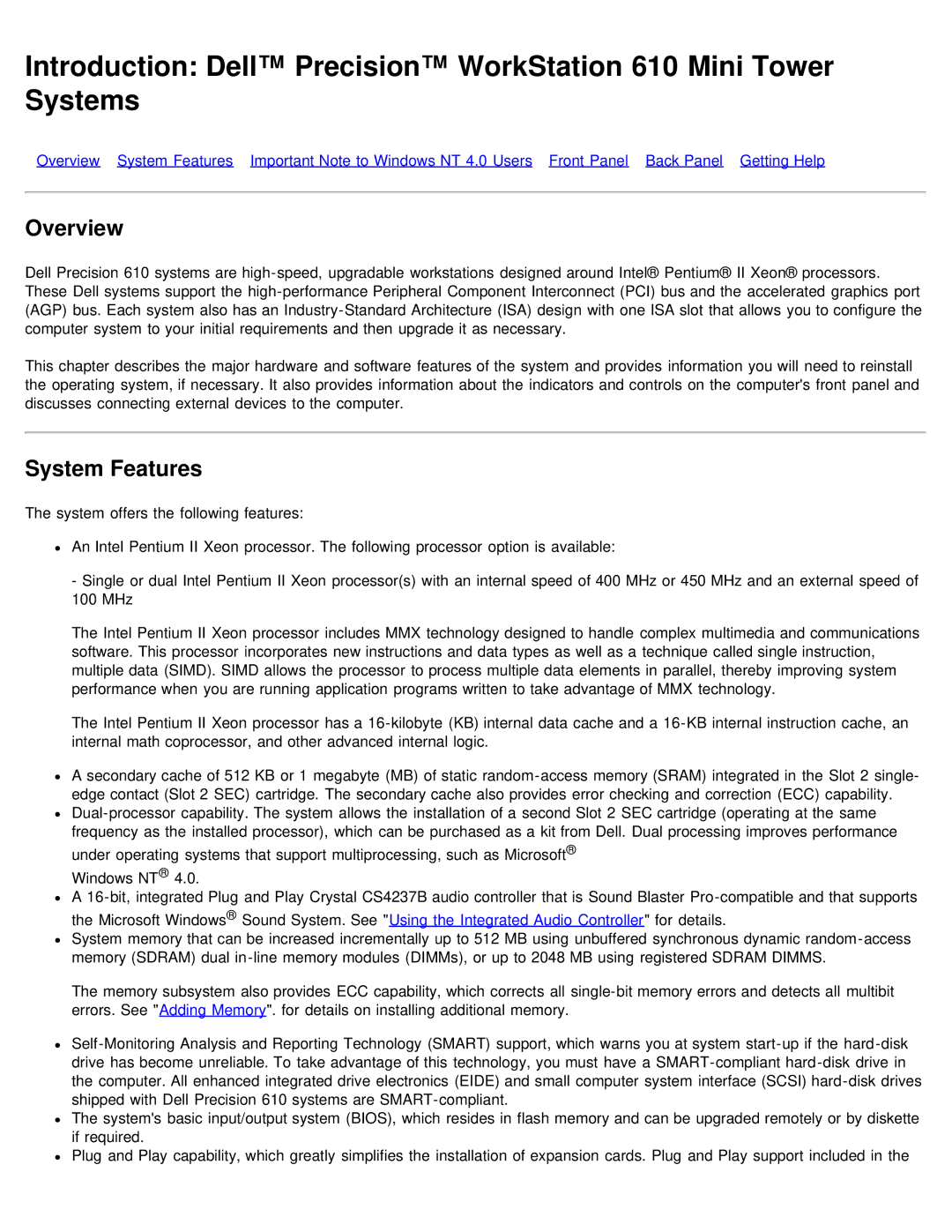 Dell 610 technical specifications Overview, System Features 