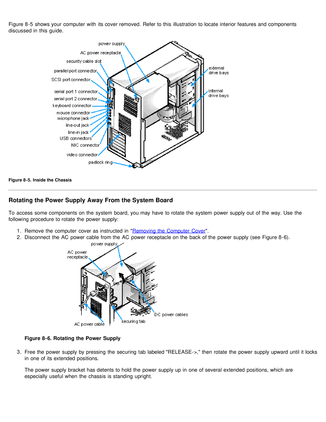 Dell 610 technical specifications Rotating the Power Supply Away From the System Board 