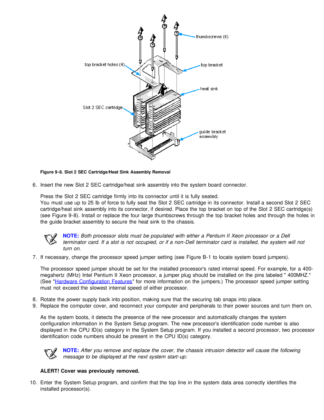 Dell 610 technical specifications Slot 2 SEC Cartridge/Heat Sink Assembly Removal 