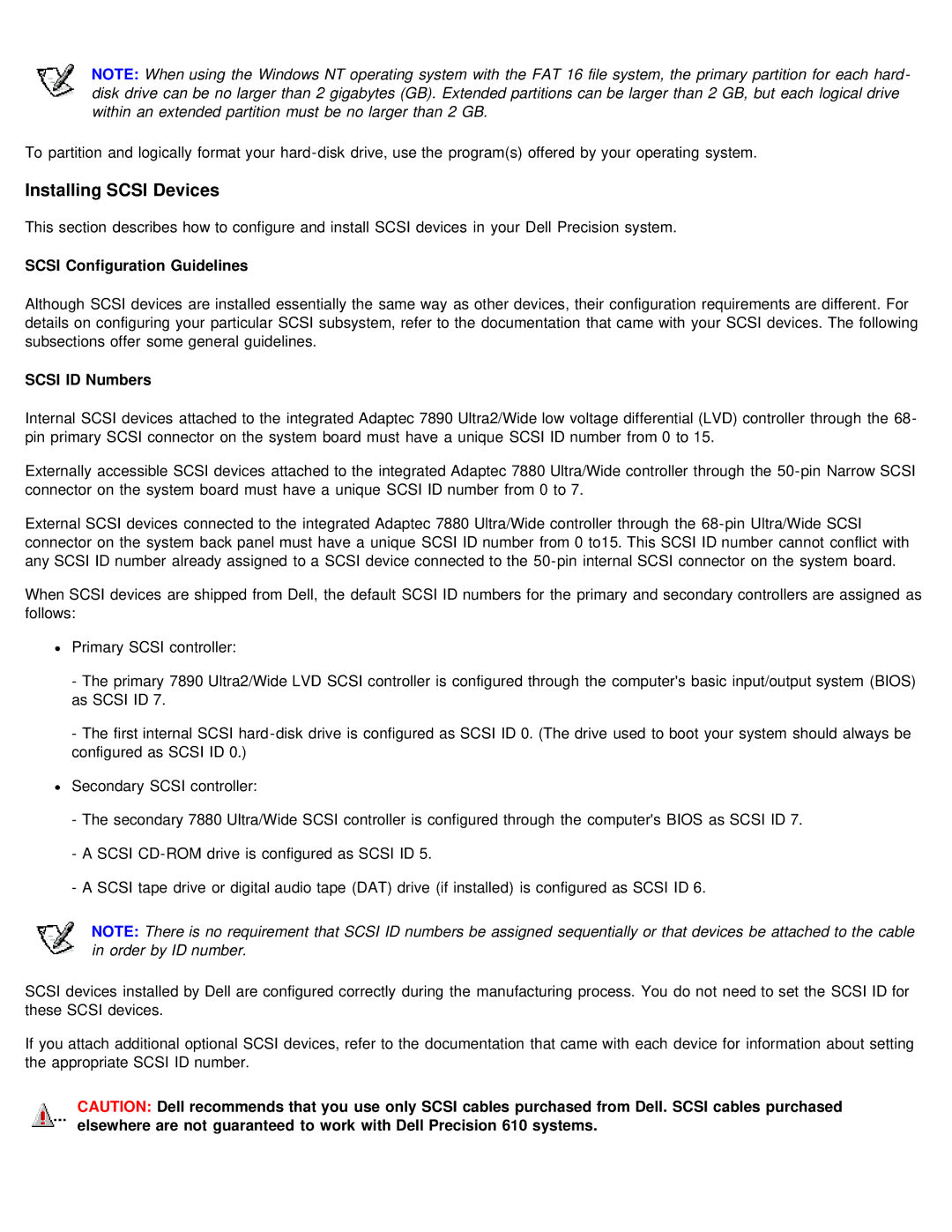 Dell 610 technical specifications Installing Scsi Devices, Scsi Configuration Guidelines, Scsi ID Numbers 